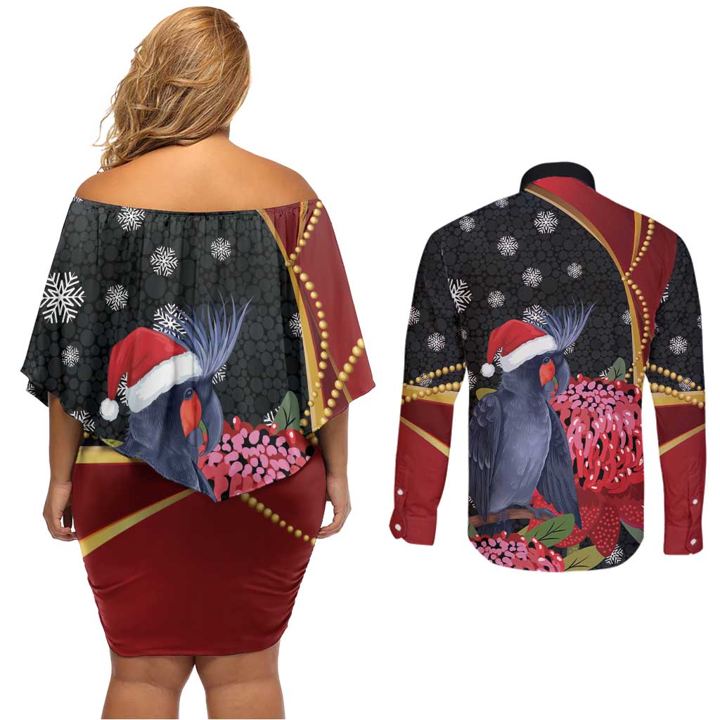 Australia Palm Cockatoo Christmas Couples Matching Off Shoulder Short Dress and Long Sleeve Button Shirt Probosciger Aterrimus Waratah Merry Chrissie - Aussie Hoodie