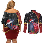Australia Palm Cockatoo Christmas Couples Matching Off Shoulder Short Dress and Long Sleeve Button Shirt Probosciger Aterrimus Waratah Merry Chrissie - Aussie Hoodie