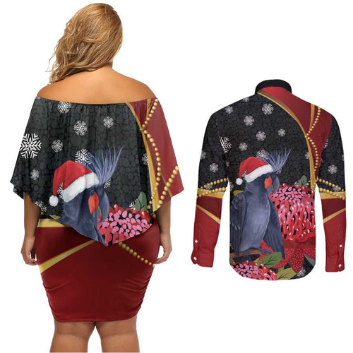 Australia Palm Cockatoo Christmas Couples Matching Off Shoulder Short Dress and Long Sleeve Button Shirt Probosciger Aterrimus Waratah Merry Chrissie - Aussie Hoodie