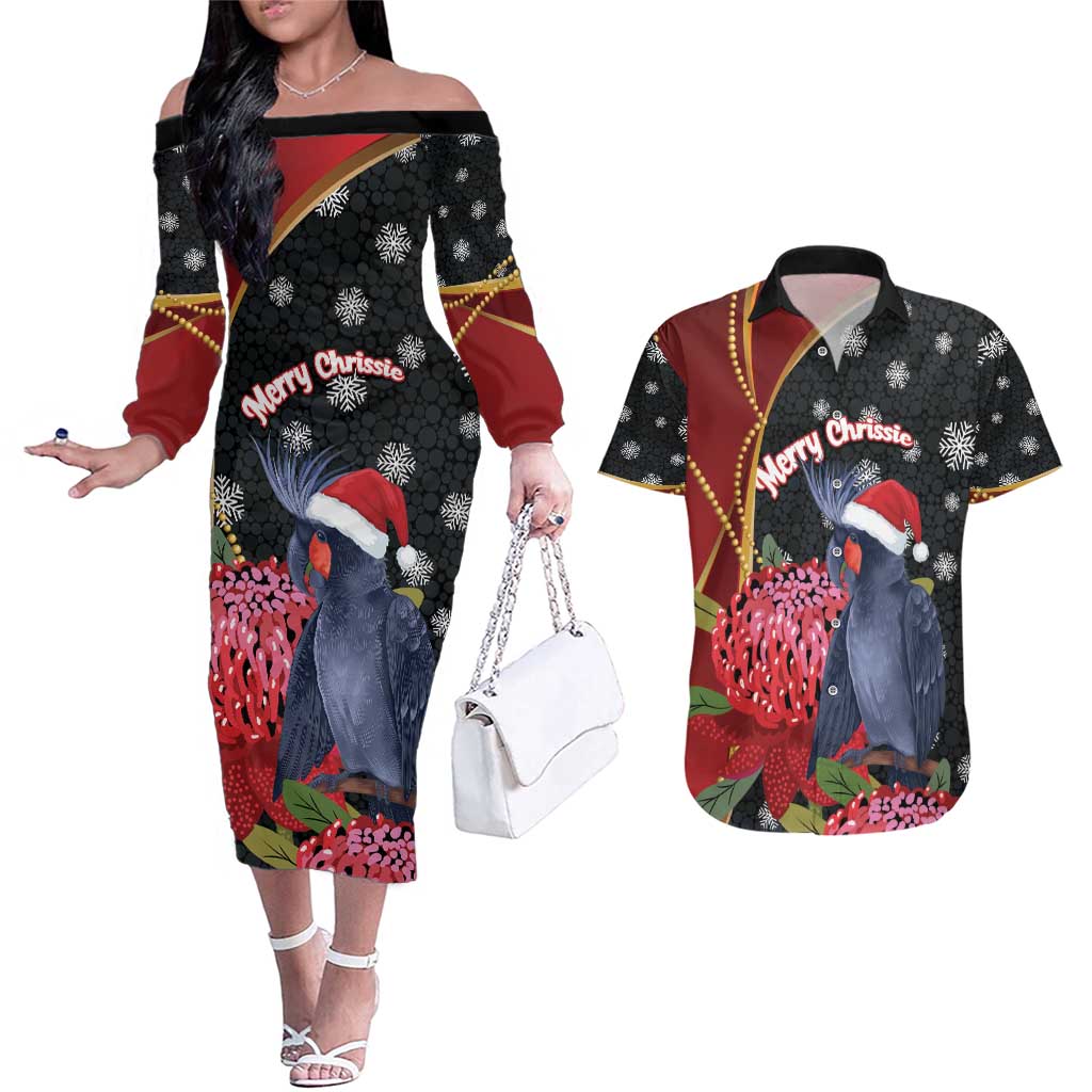 Australia Palm Cockatoo Christmas Couples Matching Off The Shoulder Long Sleeve Dress and Hawaiian Shirt Probosciger Aterrimus Waratah Merry Chrissie - Aussie Hoodie