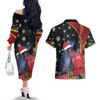 Australia Palm Cockatoo Christmas Couples Matching Off The Shoulder Long Sleeve Dress and Hawaiian Shirt Probosciger Aterrimus Waratah Merry Chrissie - Aussie Hoodie