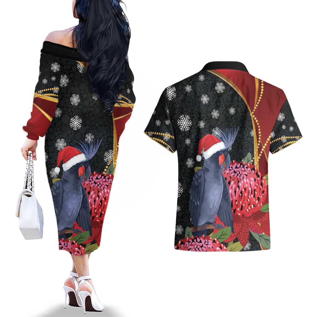 Australia Palm Cockatoo Christmas Couples Matching Off The Shoulder Long Sleeve Dress and Hawaiian Shirt Probosciger Aterrimus Waratah Merry Chrissie - Aussie Hoodie