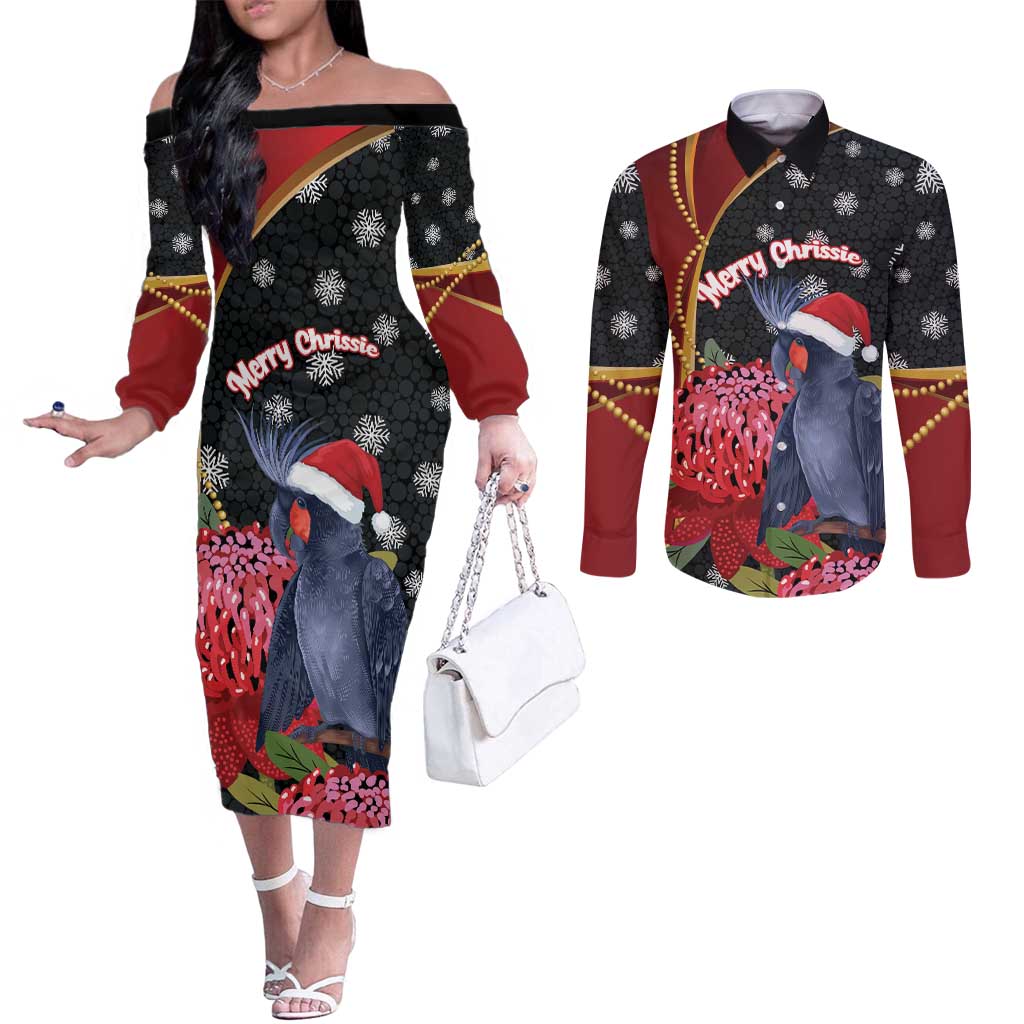 Australia Palm Cockatoo Christmas Couples Matching Off The Shoulder Long Sleeve Dress and Long Sleeve Button Shirt Probosciger Aterrimus Waratah Merry Chrissie - Aussie Hoodie