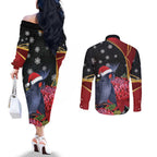 Australia Palm Cockatoo Christmas Couples Matching Off The Shoulder Long Sleeve Dress and Long Sleeve Button Shirt Probosciger Aterrimus Waratah Merry Chrissie - Aussie Hoodie