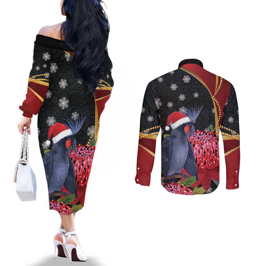 Australia Palm Cockatoo Christmas Couples Matching Off The Shoulder Long Sleeve Dress and Long Sleeve Button Shirt Probosciger Aterrimus Waratah Merry Chrissie - Aussie Hoodie