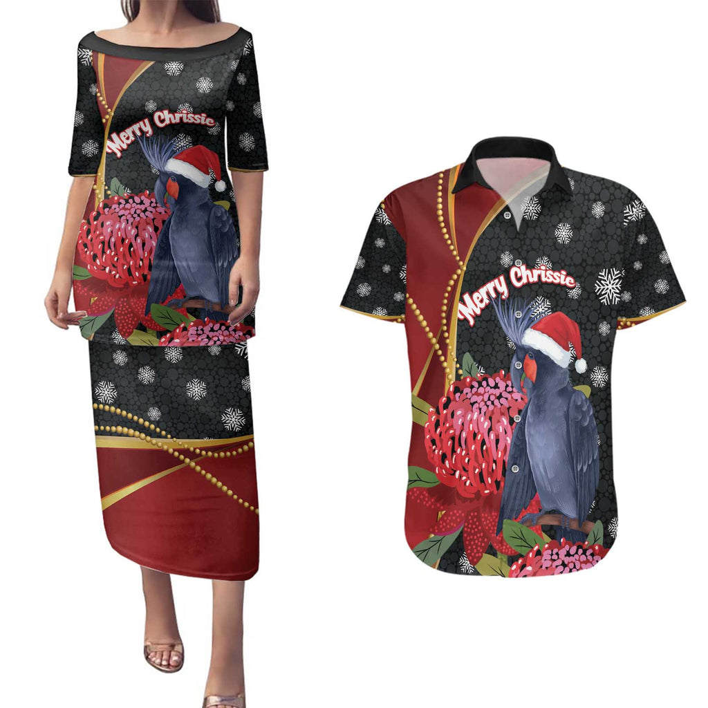 Australia Palm Cockatoo Christmas Couples Matching Puletasi and Hawaiian Shirt Probosciger Aterrimus Waratah Merry Chrissie - Aussie Hoodie