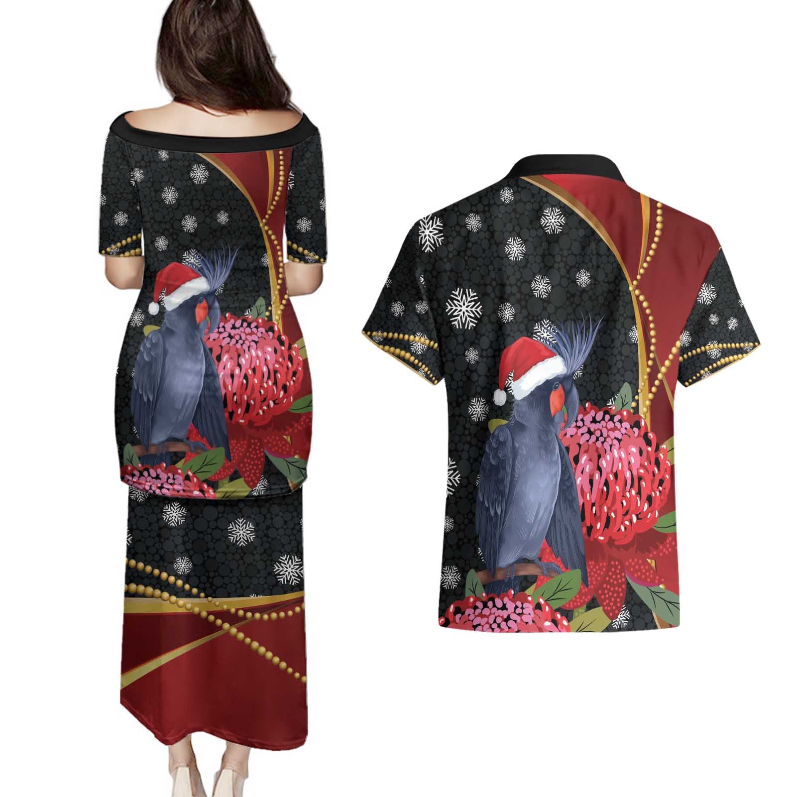 Australia Palm Cockatoo Christmas Couples Matching Puletasi and Hawaiian Shirt Probosciger Aterrimus Waratah Merry Chrissie - Aussie Hoodie