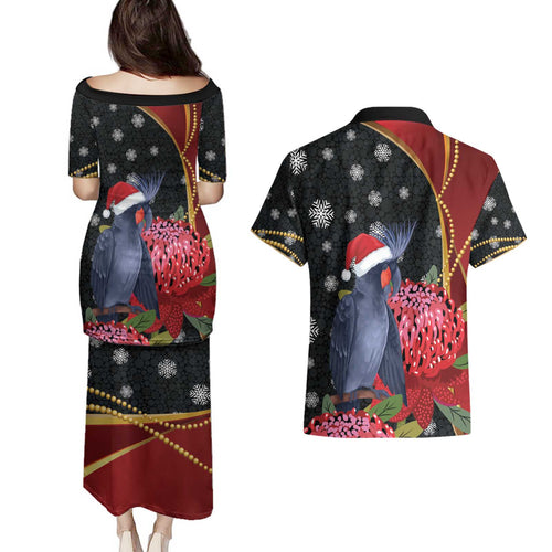 Australia Palm Cockatoo Christmas Couples Matching Puletasi and Hawaiian Shirt Probosciger Aterrimus Waratah Merry Chrissie - Aussie Hoodie