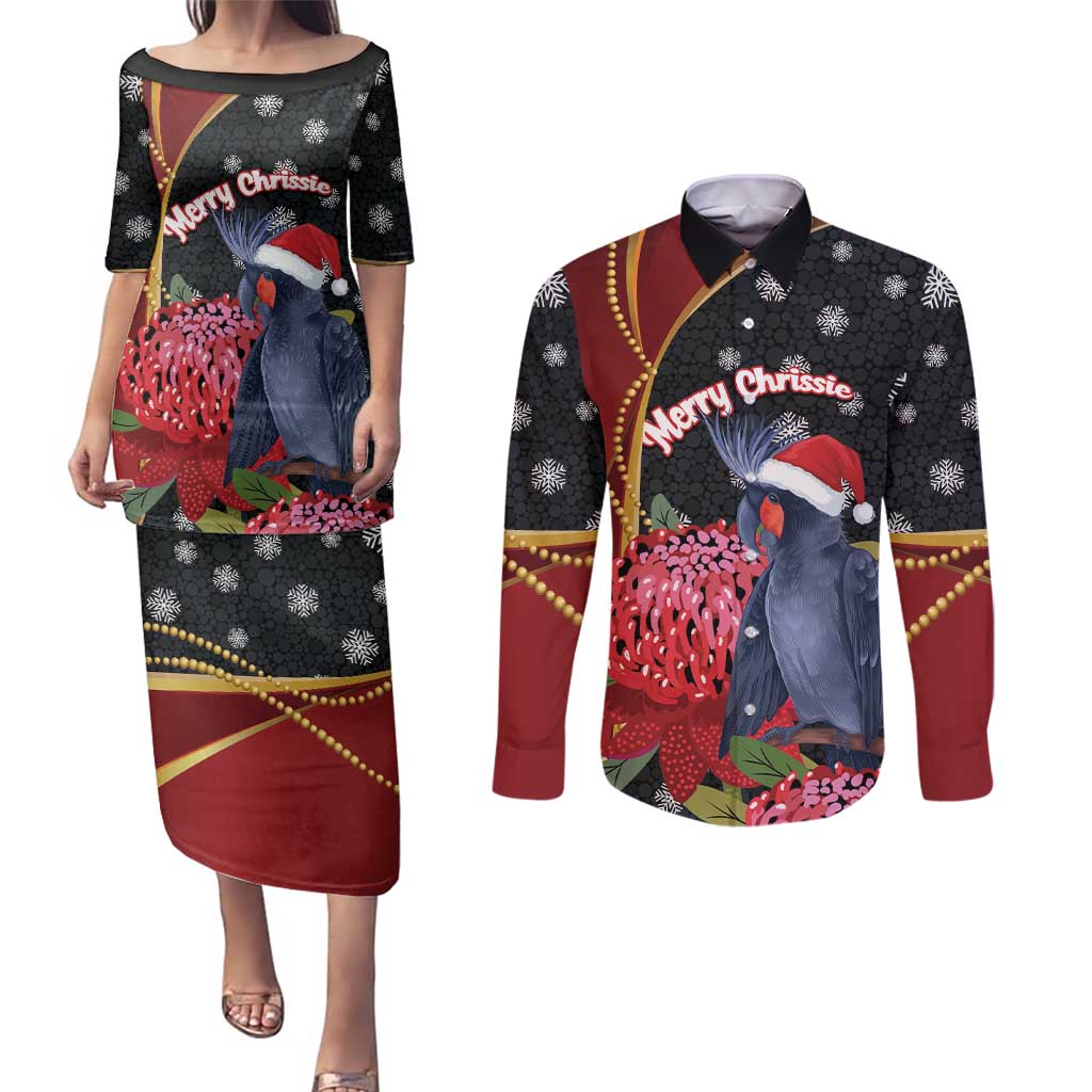 Australia Palm Cockatoo Christmas Couples Matching Puletasi and Long Sleeve Button Shirt Probosciger Aterrimus Waratah Merry Chrissie - Aussie Hoodie