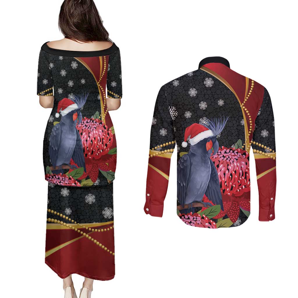 Australia Palm Cockatoo Christmas Couples Matching Puletasi and Long Sleeve Button Shirt Probosciger Aterrimus Waratah Merry Chrissie - Aussie Hoodie
