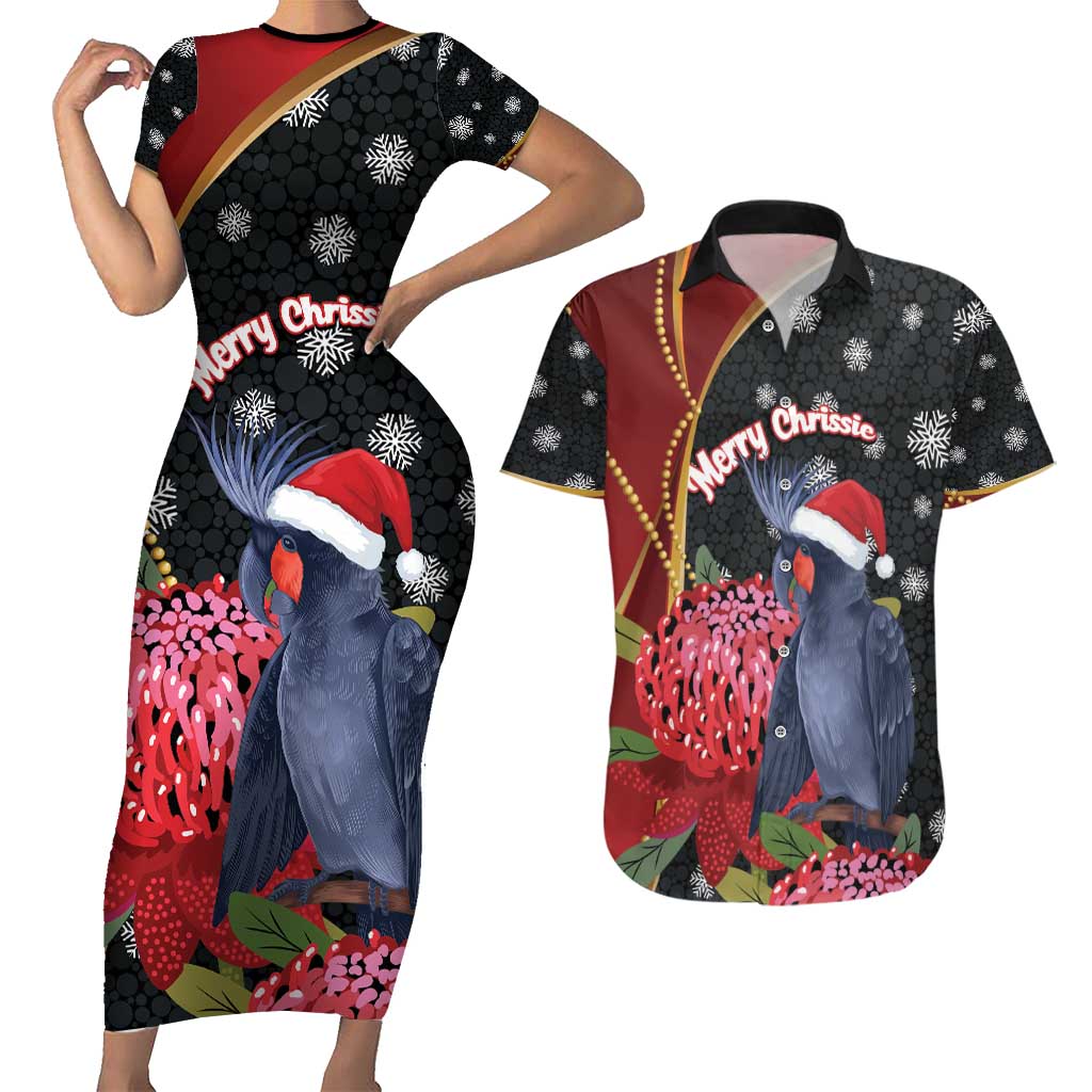 Australia Palm Cockatoo Christmas Couples Matching Short Sleeve Bodycon Dress and Hawaiian Shirt Probosciger Aterrimus Waratah Merry Chrissie - Aussie Hoodie