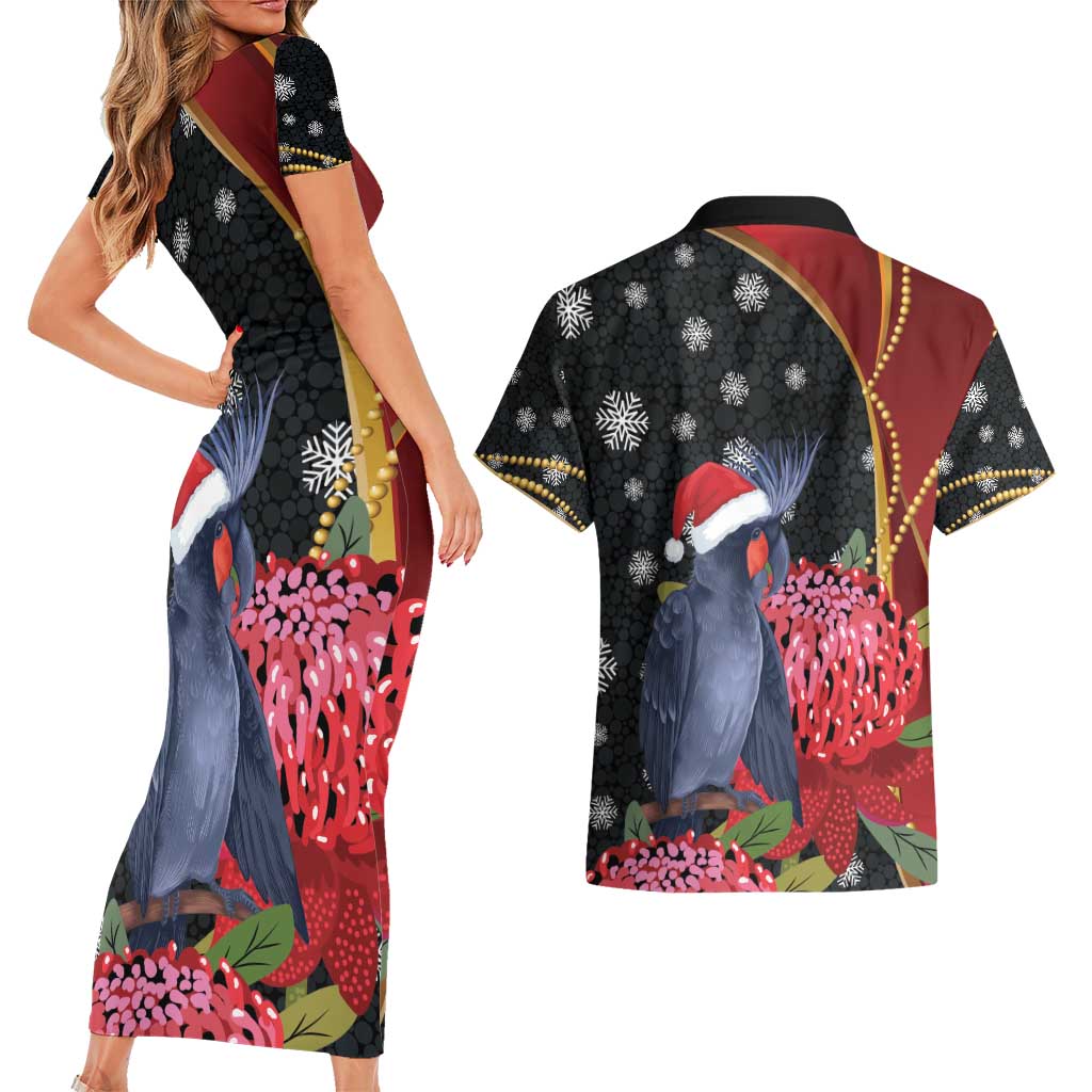 Australia Palm Cockatoo Christmas Couples Matching Short Sleeve Bodycon Dress and Hawaiian Shirt Probosciger Aterrimus Waratah Merry Chrissie - Aussie Hoodie