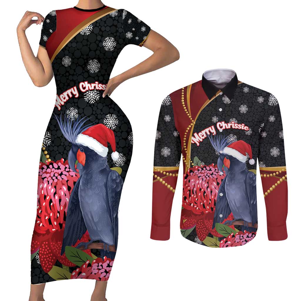 Australia Palm Cockatoo Christmas Couples Matching Short Sleeve Bodycon Dress and Long Sleeve Button Shirt Probosciger Aterrimus Waratah Merry Chrissie - Aussie Hoodie
