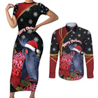 Australia Palm Cockatoo Christmas Couples Matching Short Sleeve Bodycon Dress and Long Sleeve Button Shirt Probosciger Aterrimus Waratah Merry Chrissie - Aussie Hoodie