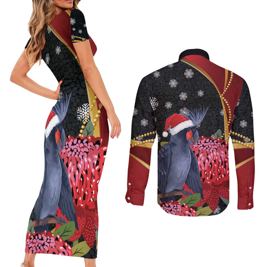 Australia Palm Cockatoo Christmas Couples Matching Short Sleeve Bodycon Dress and Long Sleeve Button Shirt Probosciger Aterrimus Waratah Merry Chrissie - Aussie Hoodie