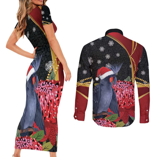 Australia Palm Cockatoo Christmas Couples Matching Short Sleeve Bodycon Dress and Long Sleeve Button Shirt Probosciger Aterrimus Waratah Merry Chrissie - Aussie Hoodie