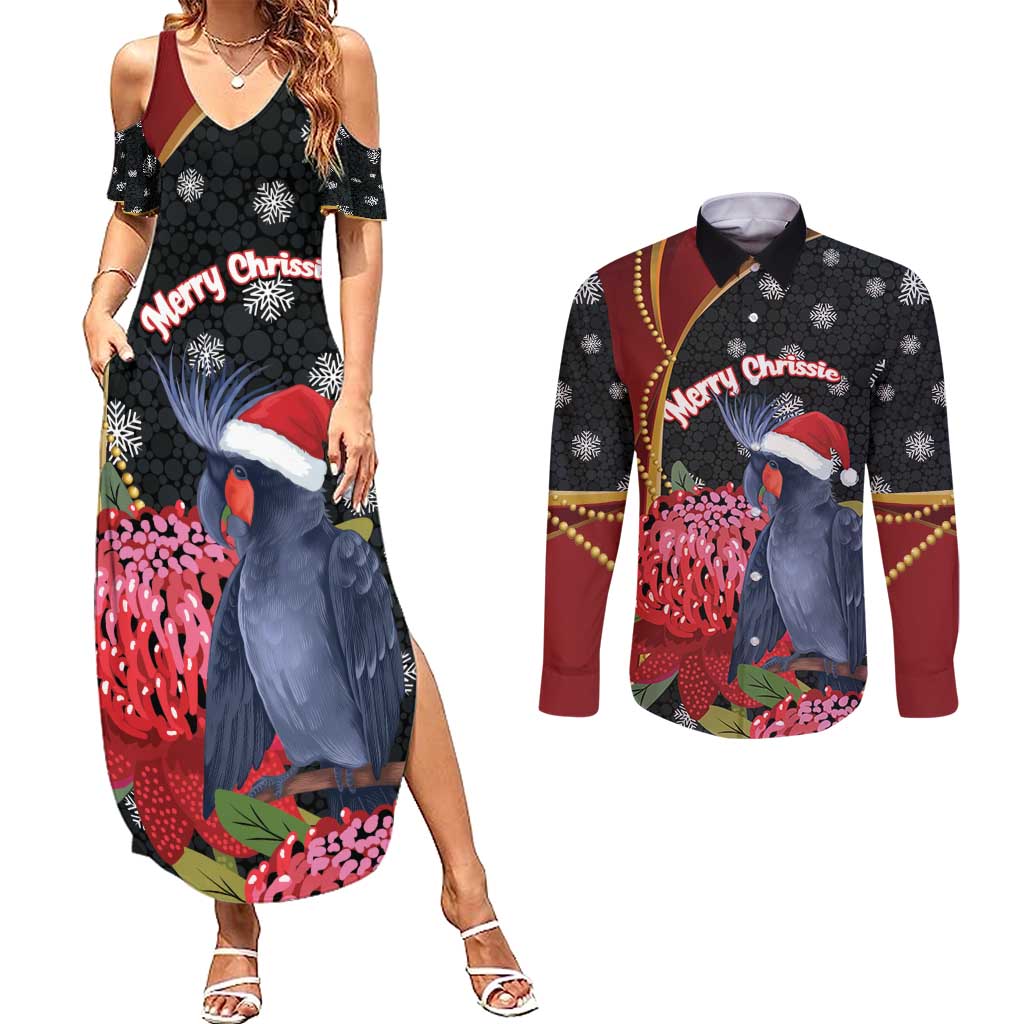 Australia Palm Cockatoo Christmas Couples Matching Summer Maxi Dress and Long Sleeve Button Shirt Probosciger Aterrimus Waratah Merry Chrissie - Aussie Hoodie