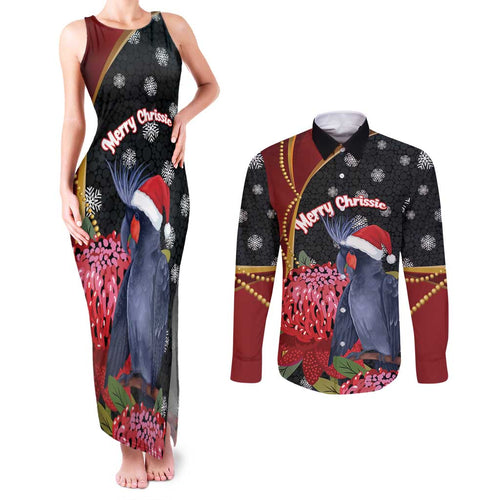 Australia Palm Cockatoo Christmas Couples Matching Tank Maxi Dress and Long Sleeve Button Shirt Probosciger Aterrimus Waratah Merry Chrissie - Aussie Hoodie