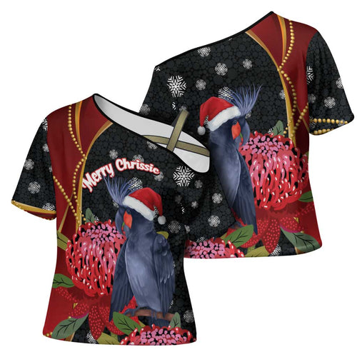 Australia Palm Cockatoo Christmas Cross Shoulder Shirt Probosciger Aterrimus Waratah Merry Chrissie - Aussie Hoodie