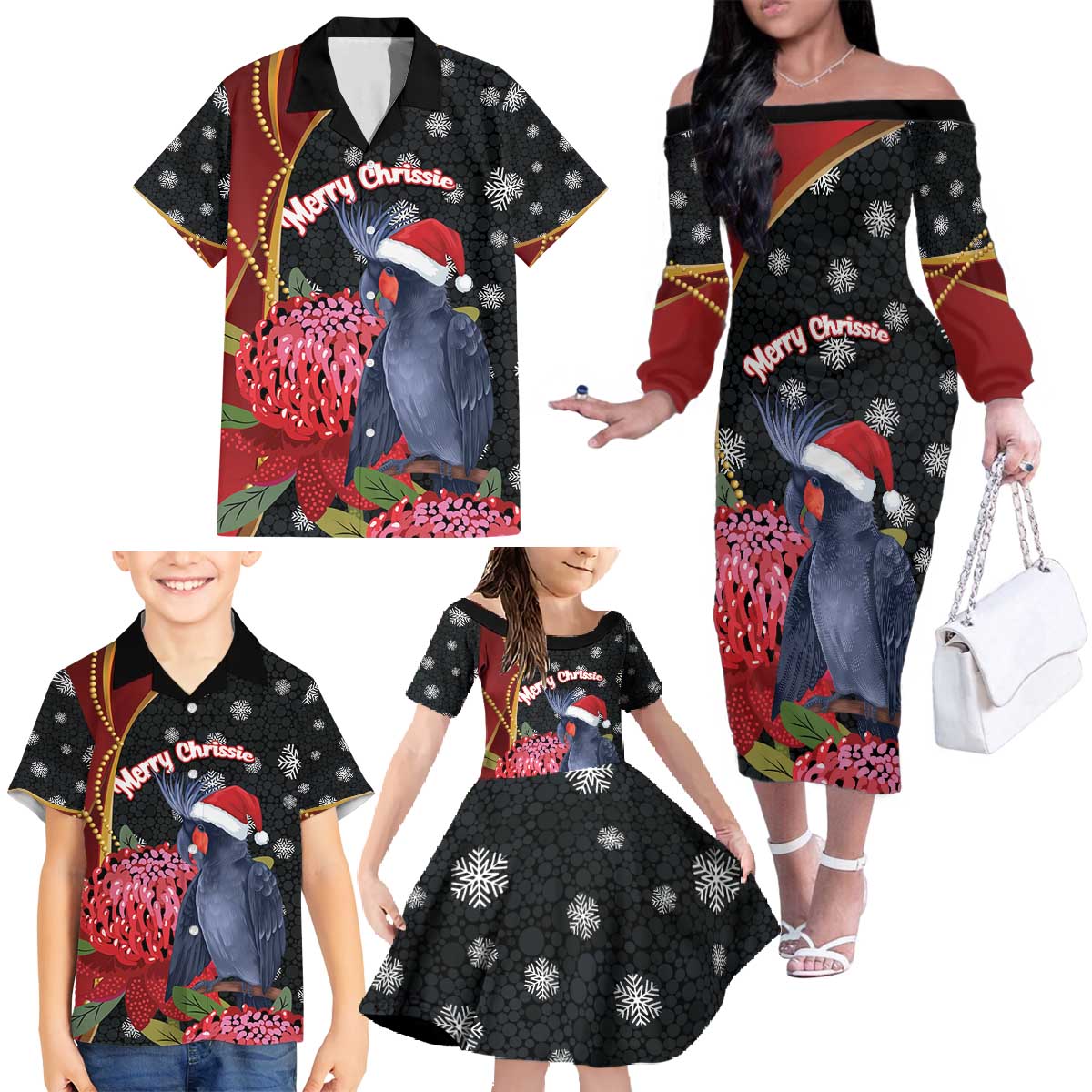 Australia Palm Cockatoo Christmas Family Matching Off The Shoulder Long Sleeve Dress and Hawaiian Shirt Probosciger Aterrimus Waratah Merry Chrissie - Aussie Hoodie