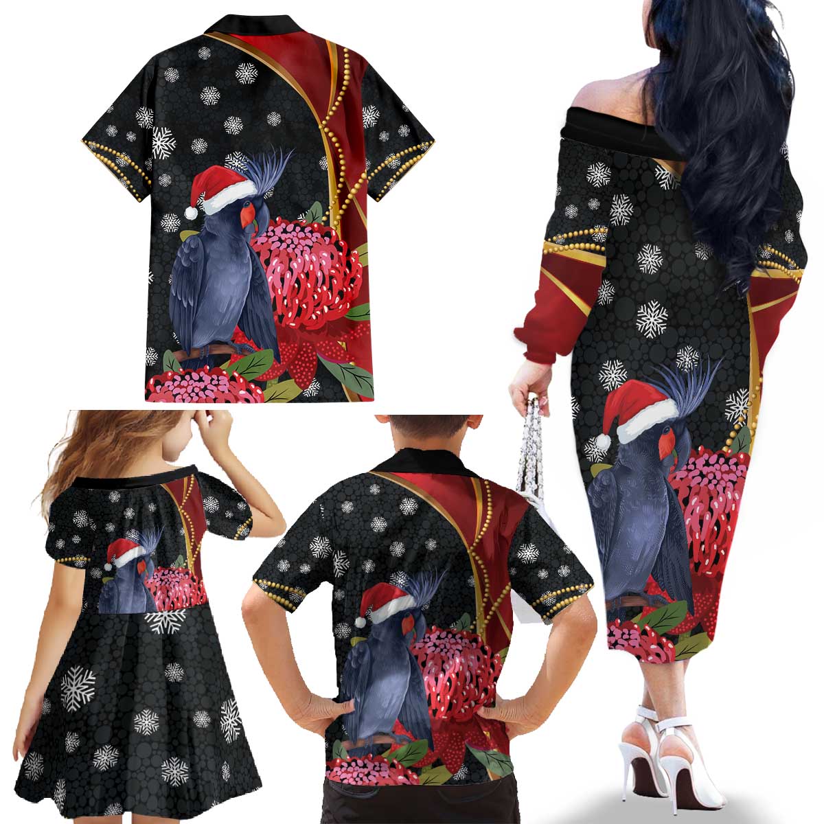 Australia Palm Cockatoo Christmas Family Matching Off The Shoulder Long Sleeve Dress and Hawaiian Shirt Probosciger Aterrimus Waratah Merry Chrissie - Aussie Hoodie