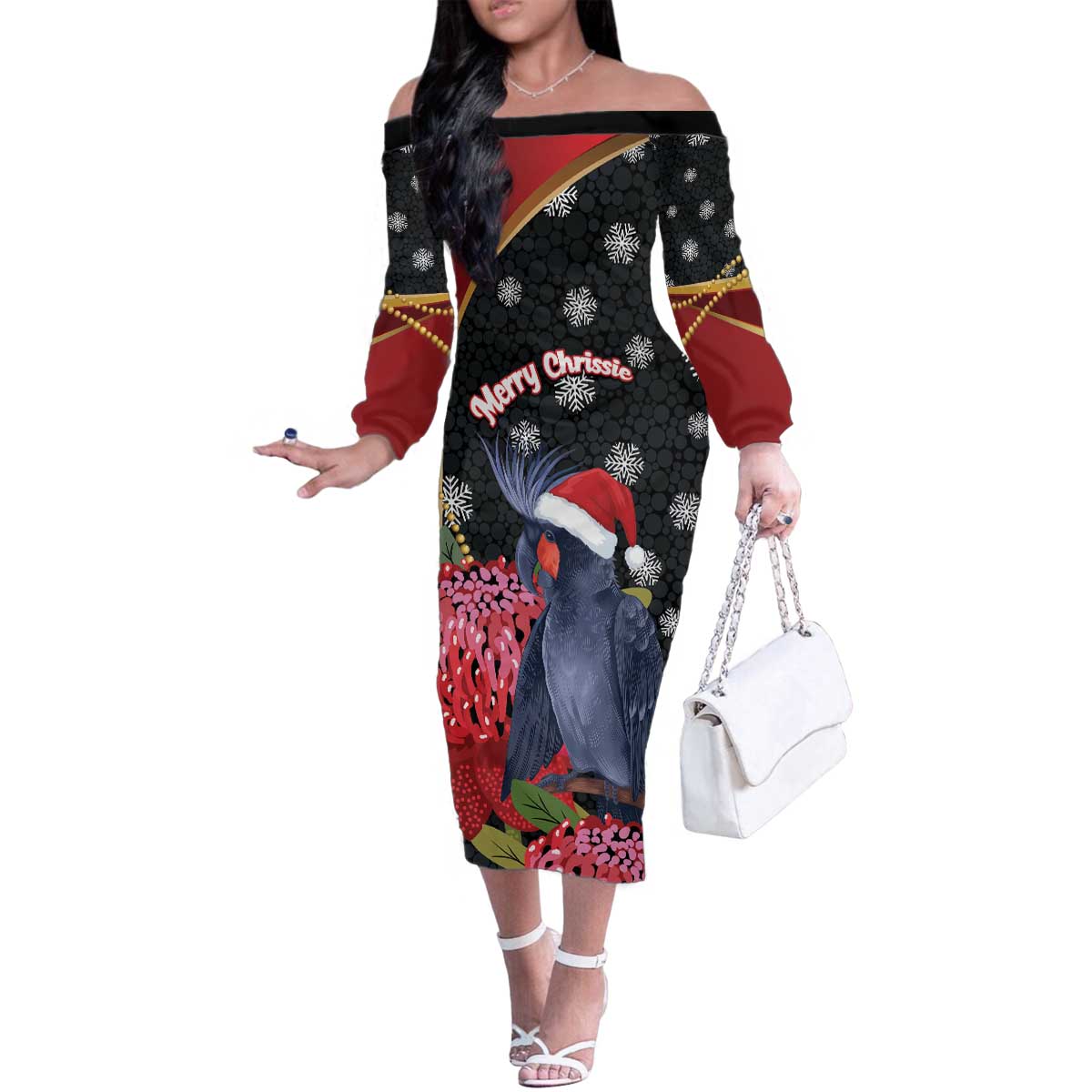 Australia Palm Cockatoo Christmas Family Matching Off The Shoulder Long Sleeve Dress and Hawaiian Shirt Probosciger Aterrimus Waratah Merry Chrissie - Aussie Hoodie