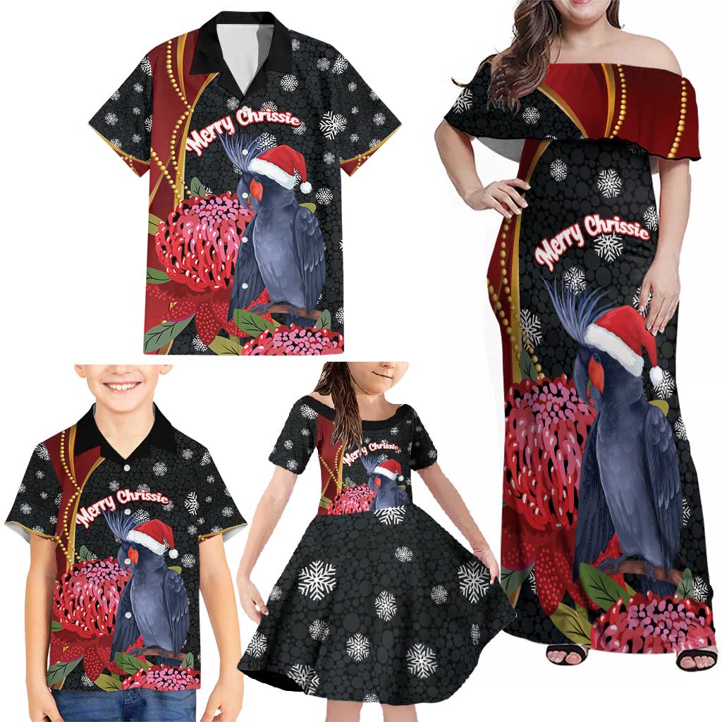 Australia Palm Cockatoo Christmas Family Matching Off Shoulder Maxi Dress and Hawaiian Shirt Probosciger Aterrimus Waratah Merry Chrissie - Aussie Hoodie