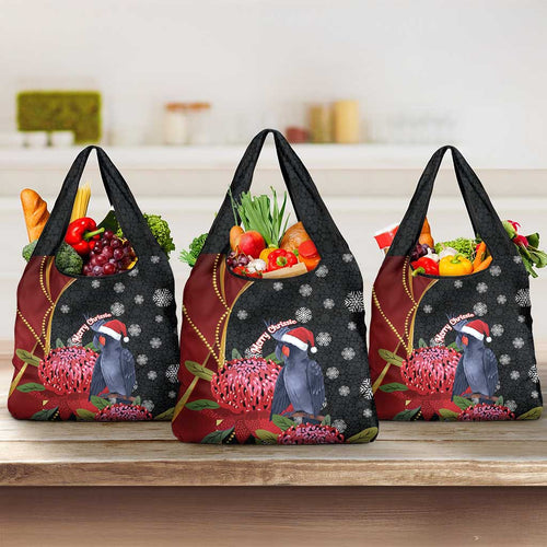 Australia Palm Cockatoo Christmas Grocery Bag Probosciger Aterrimus Waratah Merry Chrissie - Aussie Hoodie