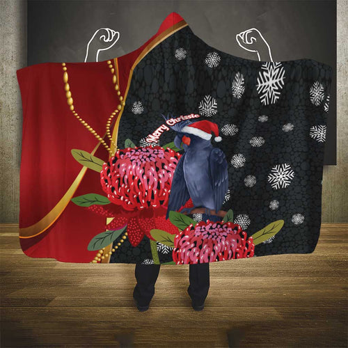 Australia Palm Cockatoo Christmas Hooded Blanket Probosciger Aterrimus Waratah Merry Chrissie - Aussie Hoodie