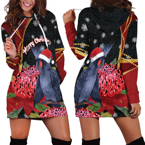 Australia Palm Cockatoo Christmas Hoodie Dress Probosciger Aterrimus Waratah Merry Chrissie - Aussie Hoodie