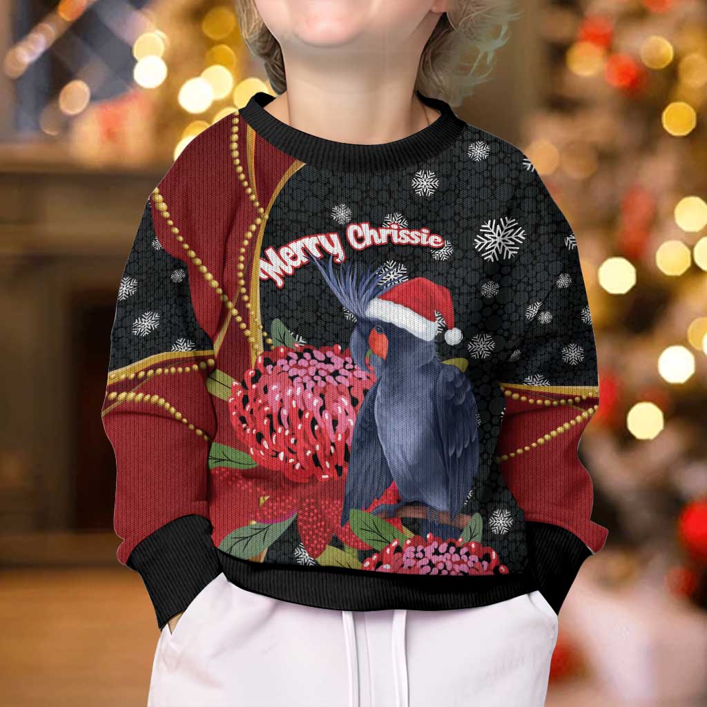 Australia Palm Cockatoo Christmas Kid Ugly Christmas Sweater Probosciger Aterrimus Waratah Merry Chrissie - Aussie Hoodie