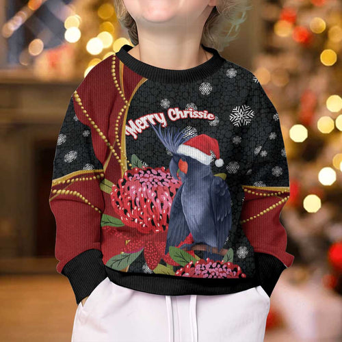 Australia Palm Cockatoo Christmas Kid Ugly Christmas Sweater Probosciger Aterrimus Waratah Merry Chrissie - Aussie Hoodie