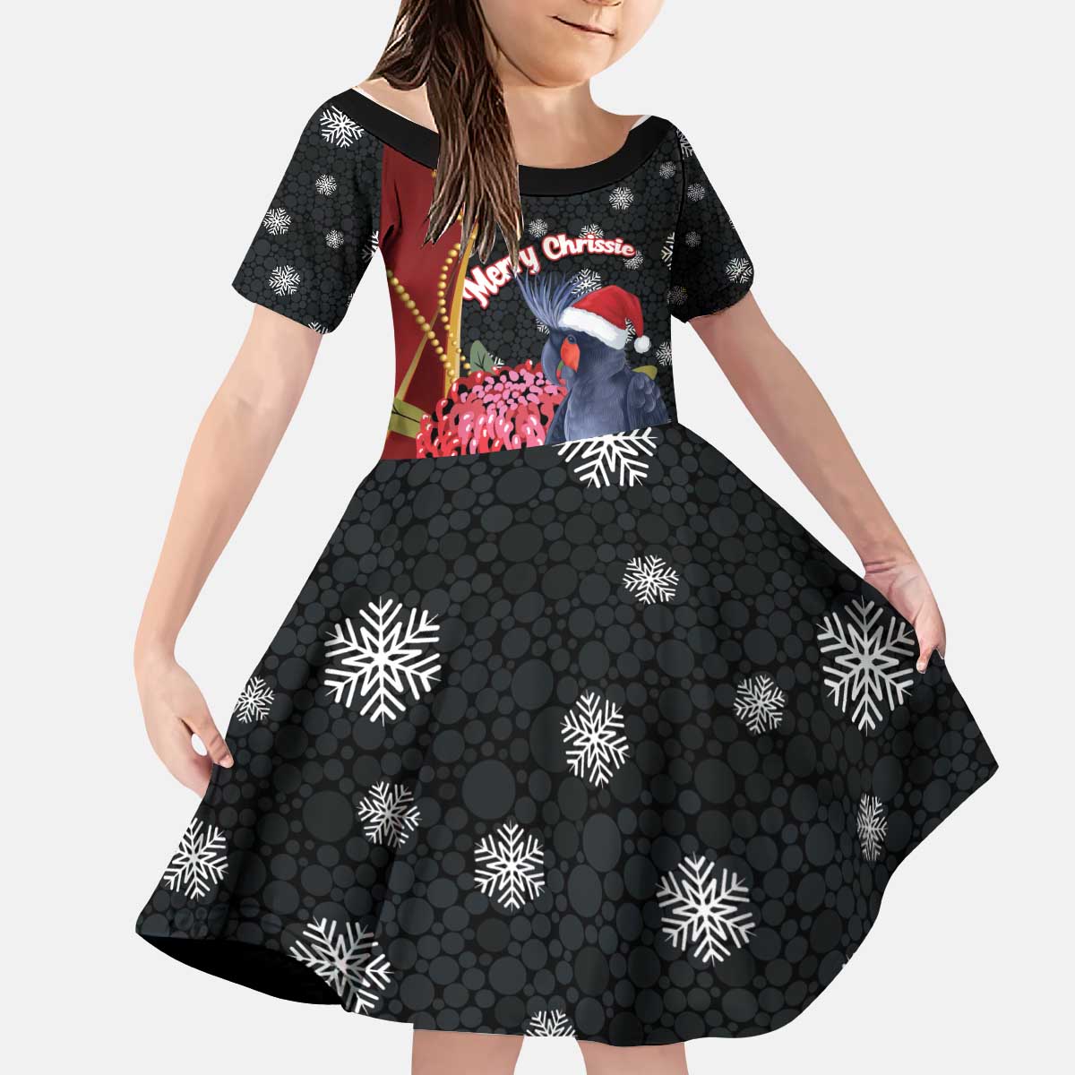 Australia Palm Cockatoo Christmas Kid Short Sleeve Dress Probosciger Aterrimus Waratah Merry Chrissie - Aussie Hoodie