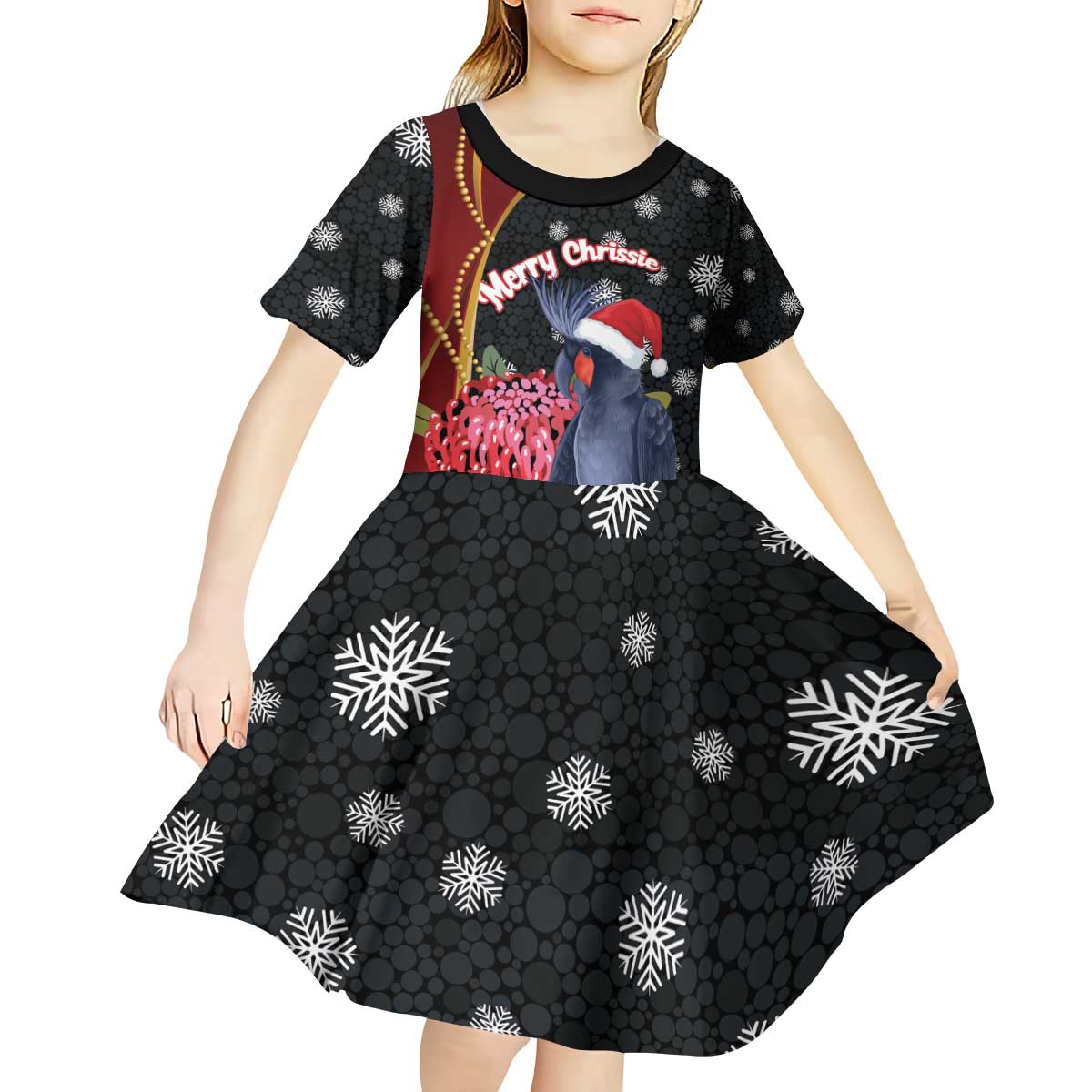 Australia Palm Cockatoo Christmas Kid Short Sleeve Dress Probosciger Aterrimus Waratah Merry Chrissie - Aussie Hoodie