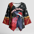Australia Palm Cockatoo Christmas Kimono Sleeve Blouse Probosciger Aterrimus Waratah Merry Chrissie - Aussie Hoodie