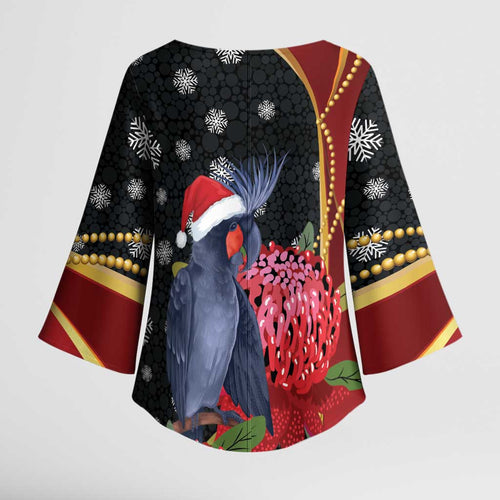 Australia Palm Cockatoo Christmas Kimono Sleeve Blouse Probosciger Aterrimus Waratah Merry Chrissie - Aussie Hoodie