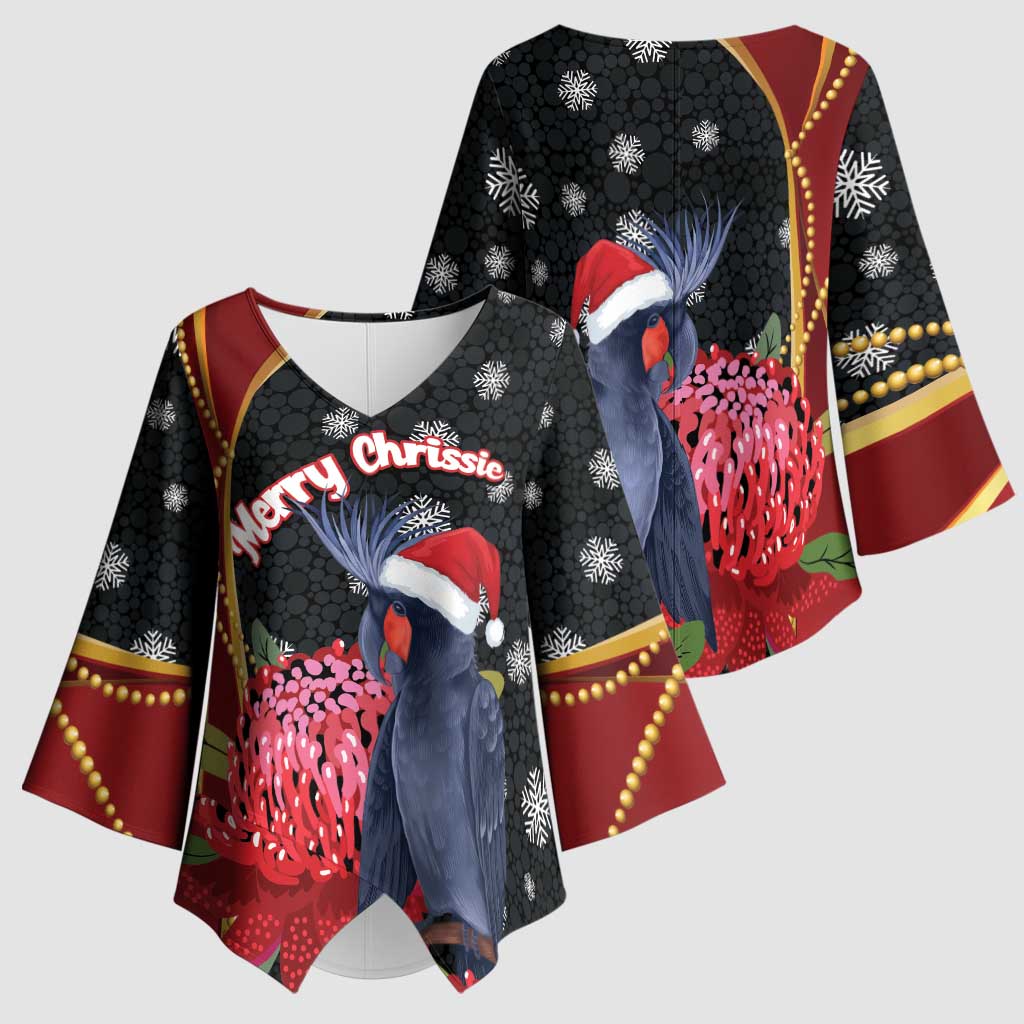 Australia Palm Cockatoo Christmas Kimono Sleeve Blouse Probosciger Aterrimus Waratah Merry Chrissie - Aussie Hoodie