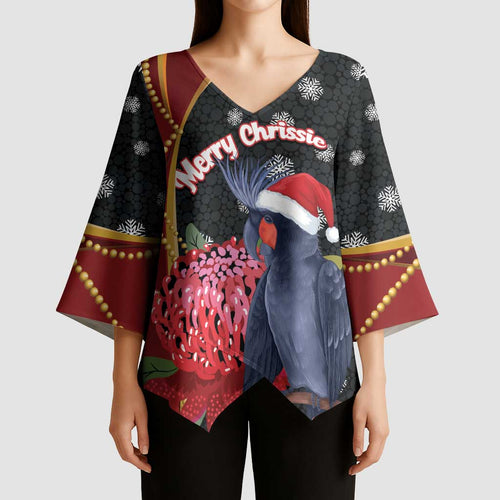 Australia Palm Cockatoo Christmas Kimono Sleeve Blouse Probosciger Aterrimus Waratah Merry Chrissie - Aussie Hoodie