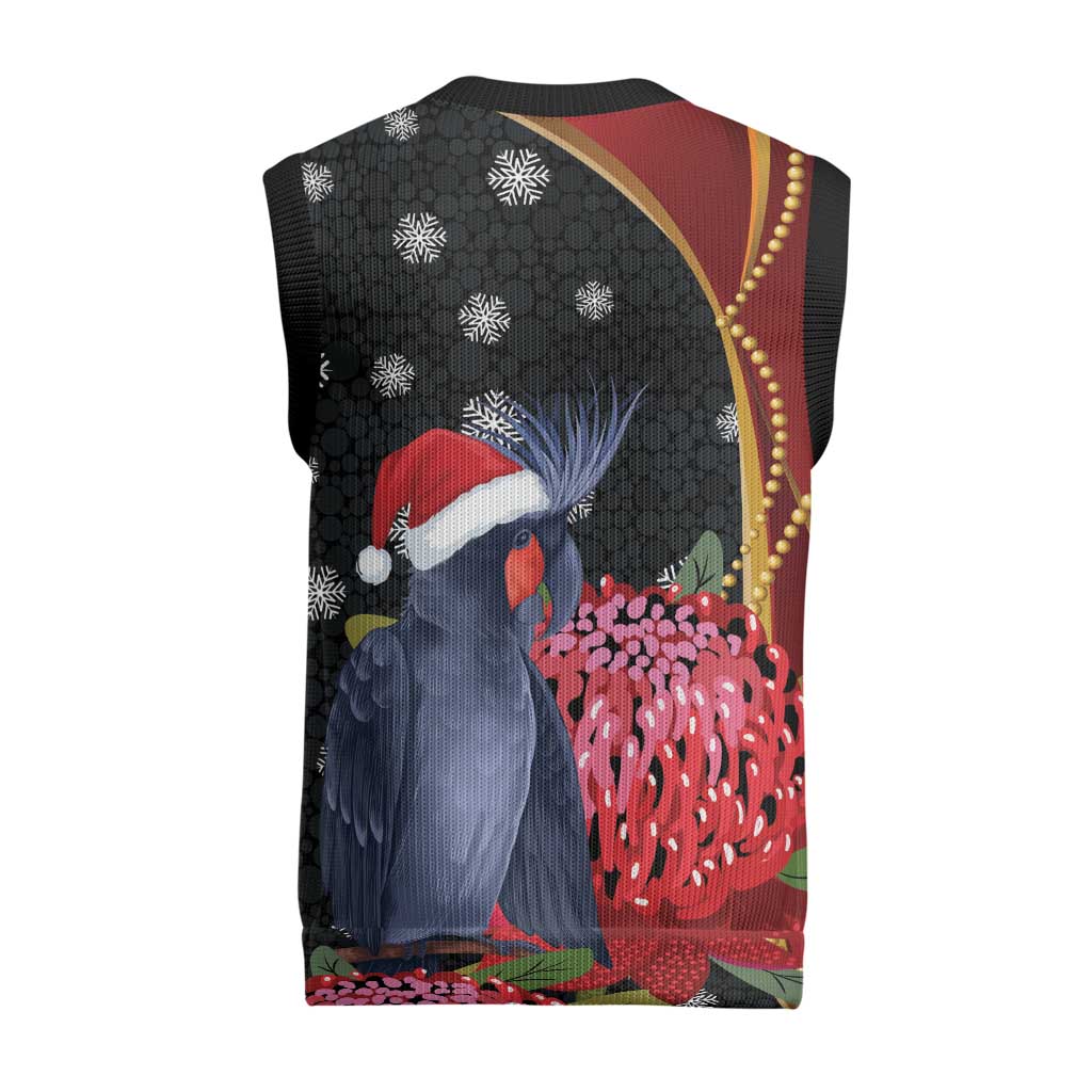 Australia Palm Cockatoo Christmas Knitted V-Neck Vest Probosciger Aterrimus Waratah Merry Chrissie - Aussie Hoodie