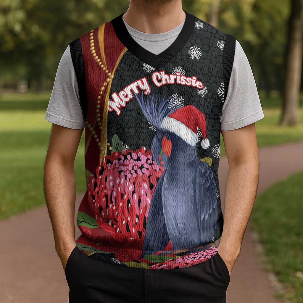 Australia Palm Cockatoo Christmas Knitted V-Neck Vest Probosciger Aterrimus Waratah Merry Chrissie - Aussie Hoodie