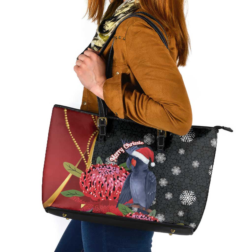 Australia Palm Cockatoo Christmas Leather Tote Bag Probosciger Aterrimus Waratah Merry Chrissie - Aussie Hoodie