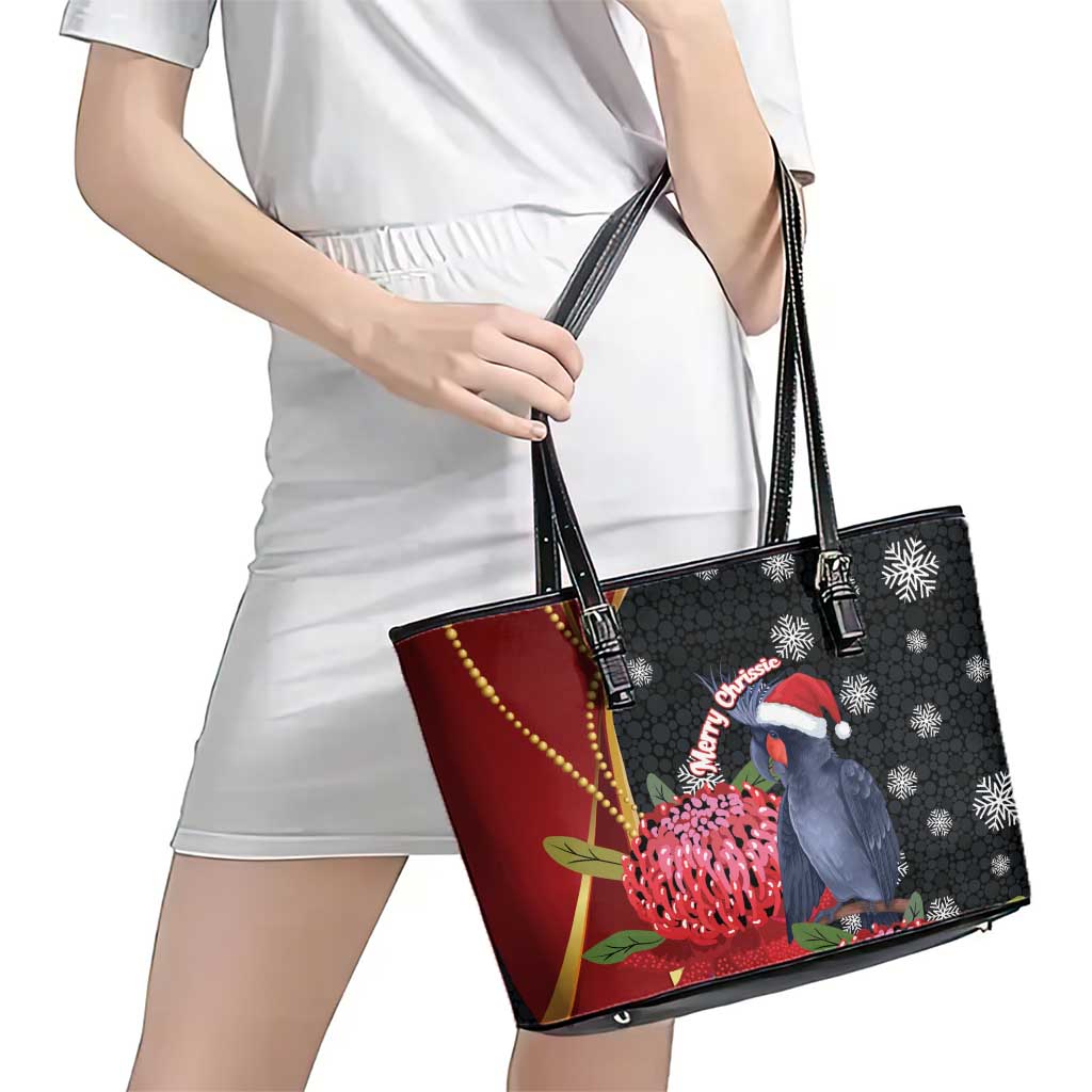 Australia Palm Cockatoo Christmas Leather Tote Bag Probosciger Aterrimus Waratah Merry Chrissie - Aussie Hoodie