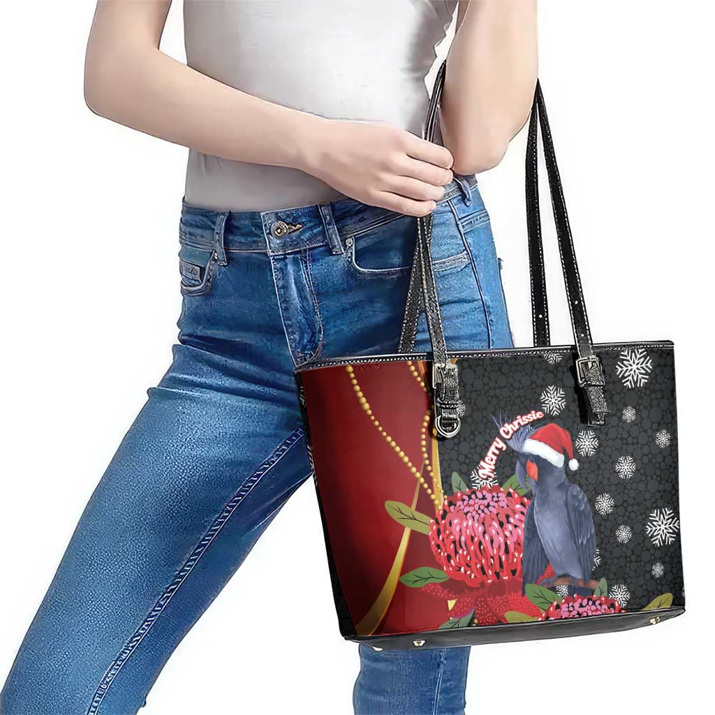 Australia Palm Cockatoo Christmas Leather Tote Bag Probosciger Aterrimus Waratah Merry Chrissie - Aussie Hoodie