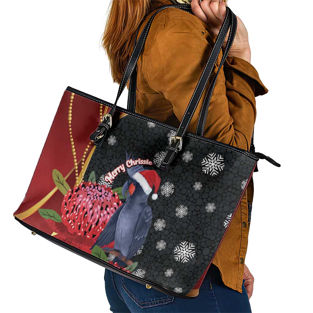 Australia Palm Cockatoo Christmas Leather Tote Bag Probosciger Aterrimus Waratah Merry Chrissie - Aussie Hoodie