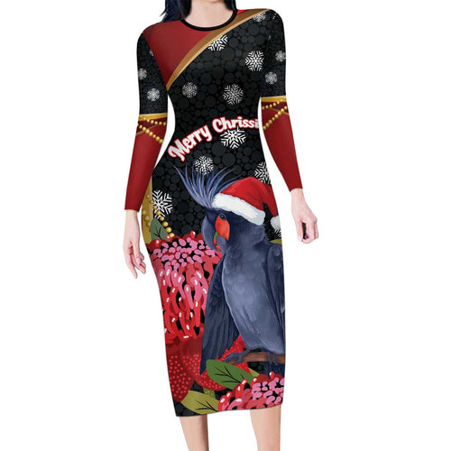 Australia Palm Cockatoo Christmas Long Sleeve Bodycon Dress Probosciger Aterrimus Waratah Merry Chrissie - Aussie Hoodie