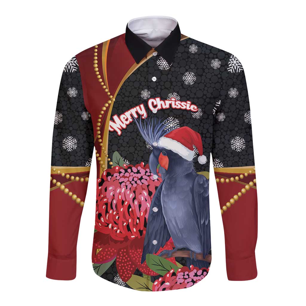 Australia Palm Cockatoo Christmas Long Sleeve Button Shirt Probosciger Aterrimus Waratah Merry Chrissie - Aussie Hoodie