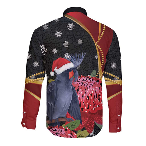 Australia Palm Cockatoo Christmas Long Sleeve Button Shirt Probosciger Aterrimus Waratah Merry Chrissie - Aussie Hoodie