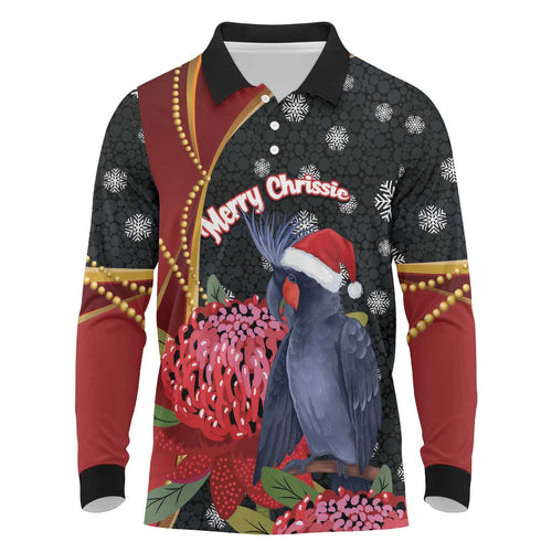 Australia Palm Cockatoo Christmas Long Sleeve Polo Shirt Probosciger Aterrimus Waratah Merry Chrissie - Aussie Hoodie