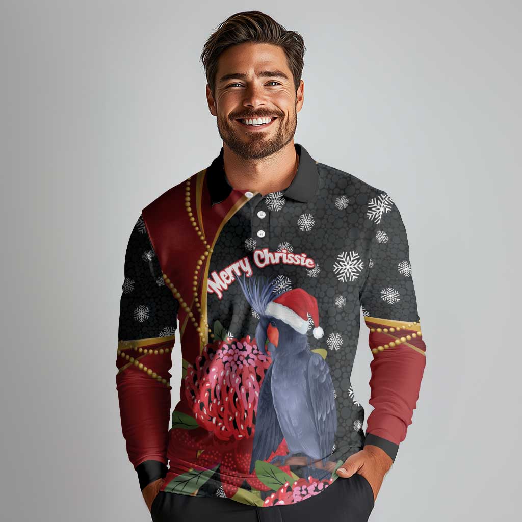 Australia Palm Cockatoo Christmas Long Sleeve Polo Shirt Probosciger Aterrimus Waratah Merry Chrissie - Aussie Hoodie