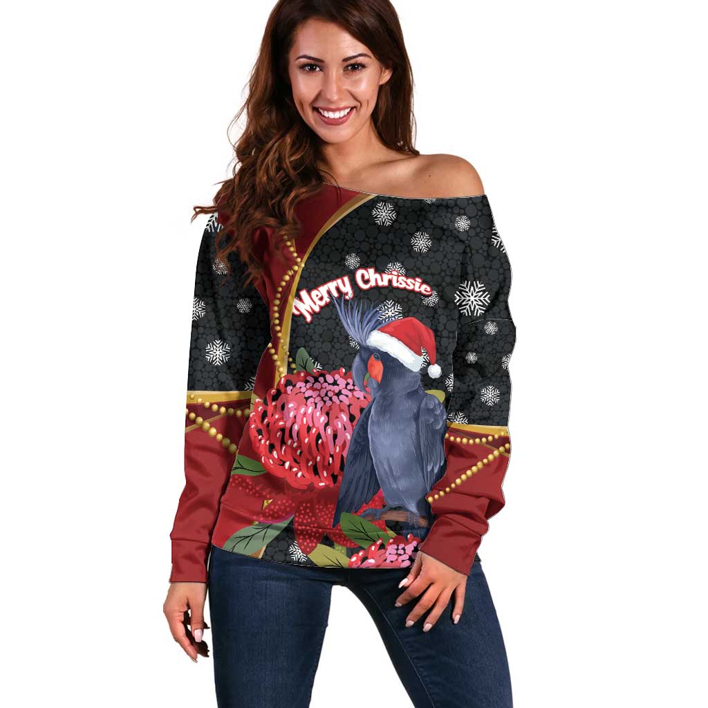 Australia Palm Cockatoo Christmas Off Shoulder Sweater Probosciger Aterrimus Waratah Merry Chrissie - Aussie Hoodie